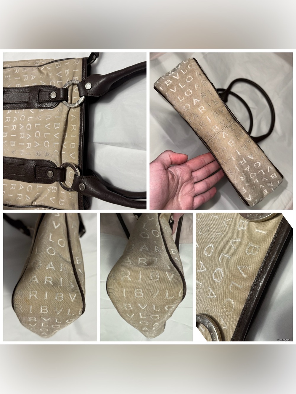 Bvlgari AUTHENTIC Vintage Logo Mania Tan & Brown Tote Shoulder Bag Bulgari - Picture 9 of 16